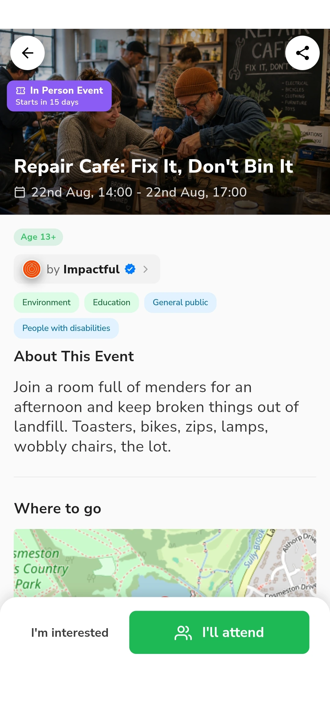 The Repair Café event in the Impactful app: its dates, the organisation that published it, its causes, the description, where to go, and controls to say you are interested or that you will attend.