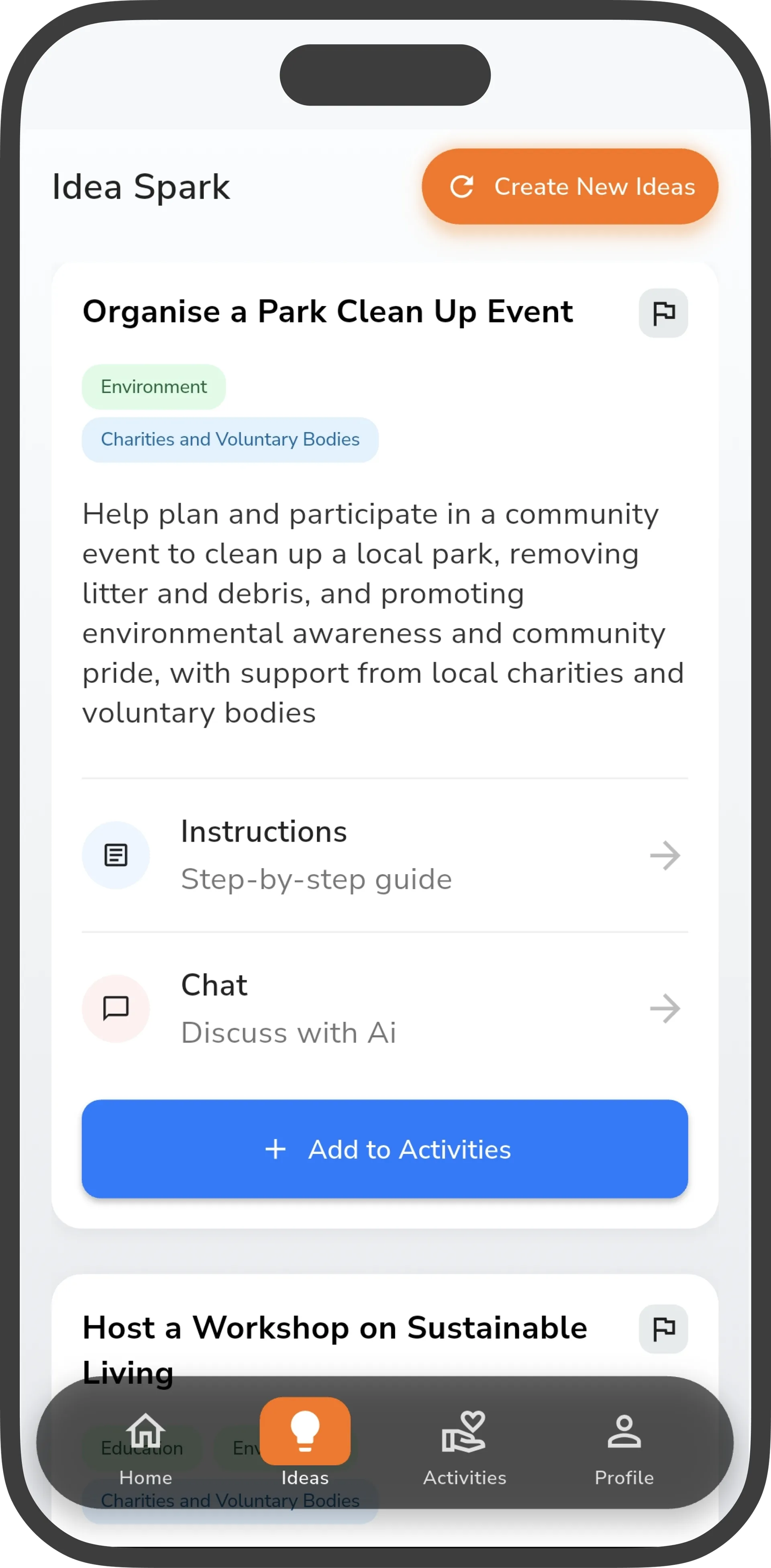 Impactful app AI assistant chat interface providing personalized activity recommendations and answering questions about volunteering opportunities