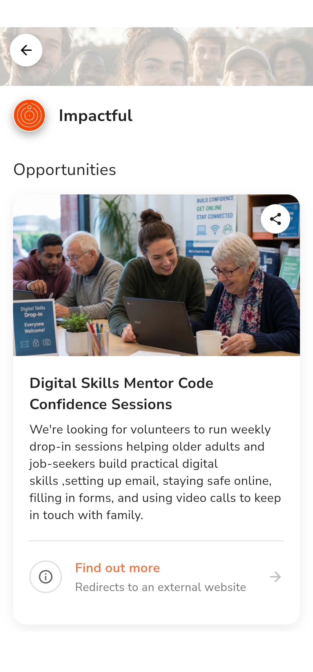 An opportunity the organisation published, open in the Impactful app: Digital Skills Mentor, what the role involves, and a link out to apply.