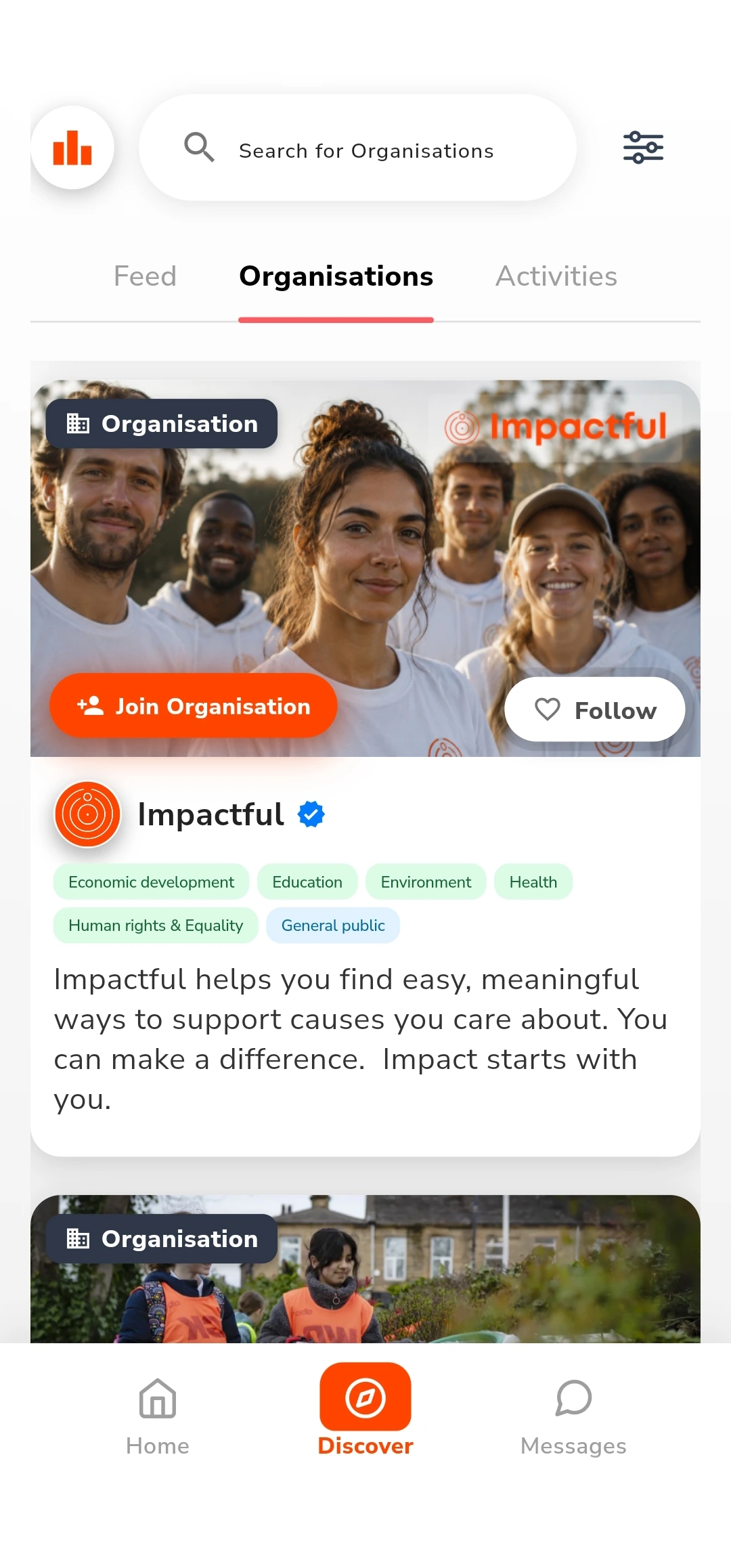 The Impactful app, Discover tab, showing the organisation's card with Join Organisation and Follow, its causes and its description.