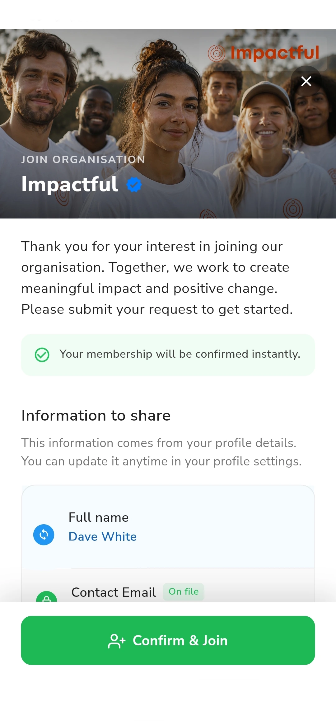 Joining the organisation in the Impactful app: what the volunteer is about to share from their profile, and a Confirm and Join control.