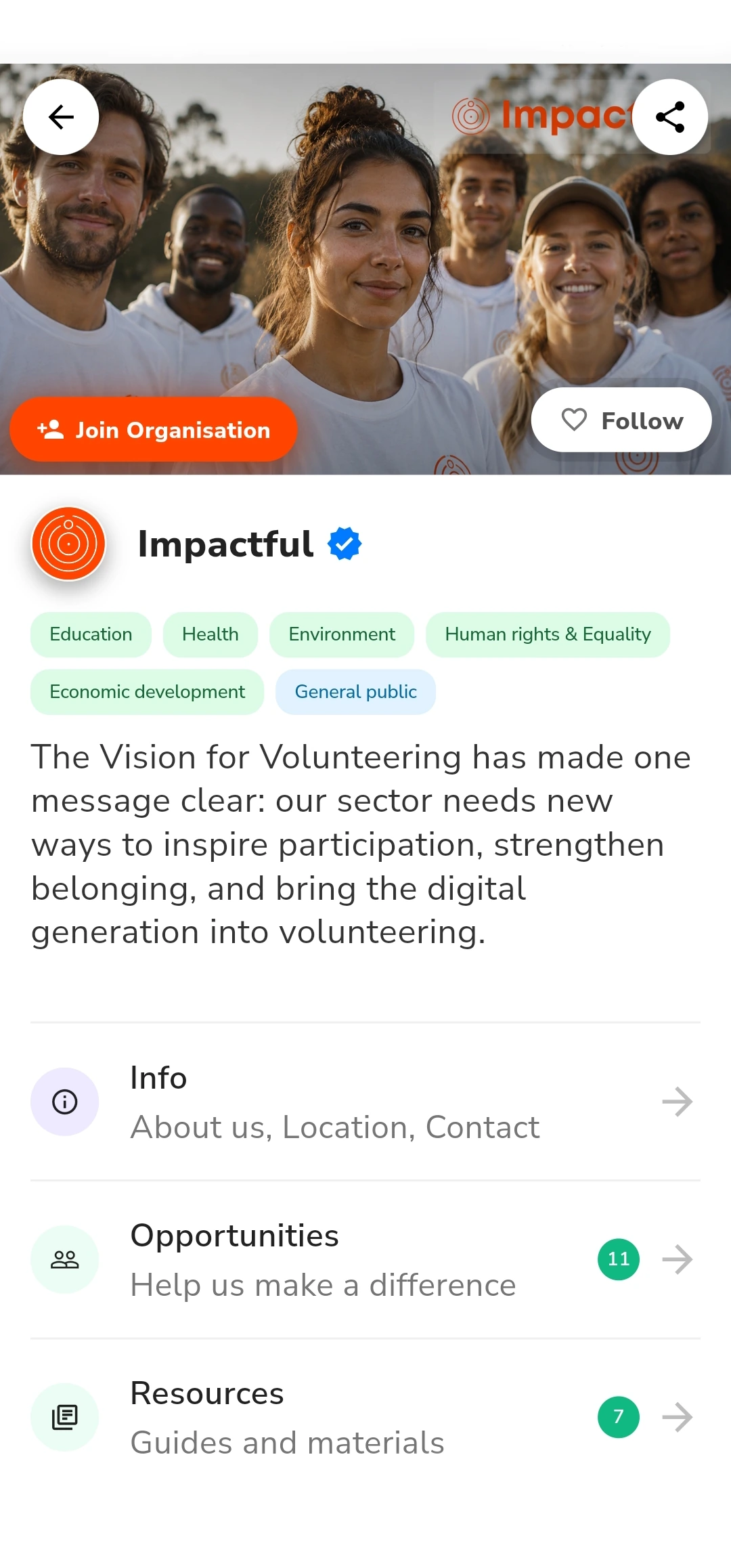 The organisation's page in the Impactful app, with its causes, its description, and links through to its info, its eleven opportunities and its seven resources.