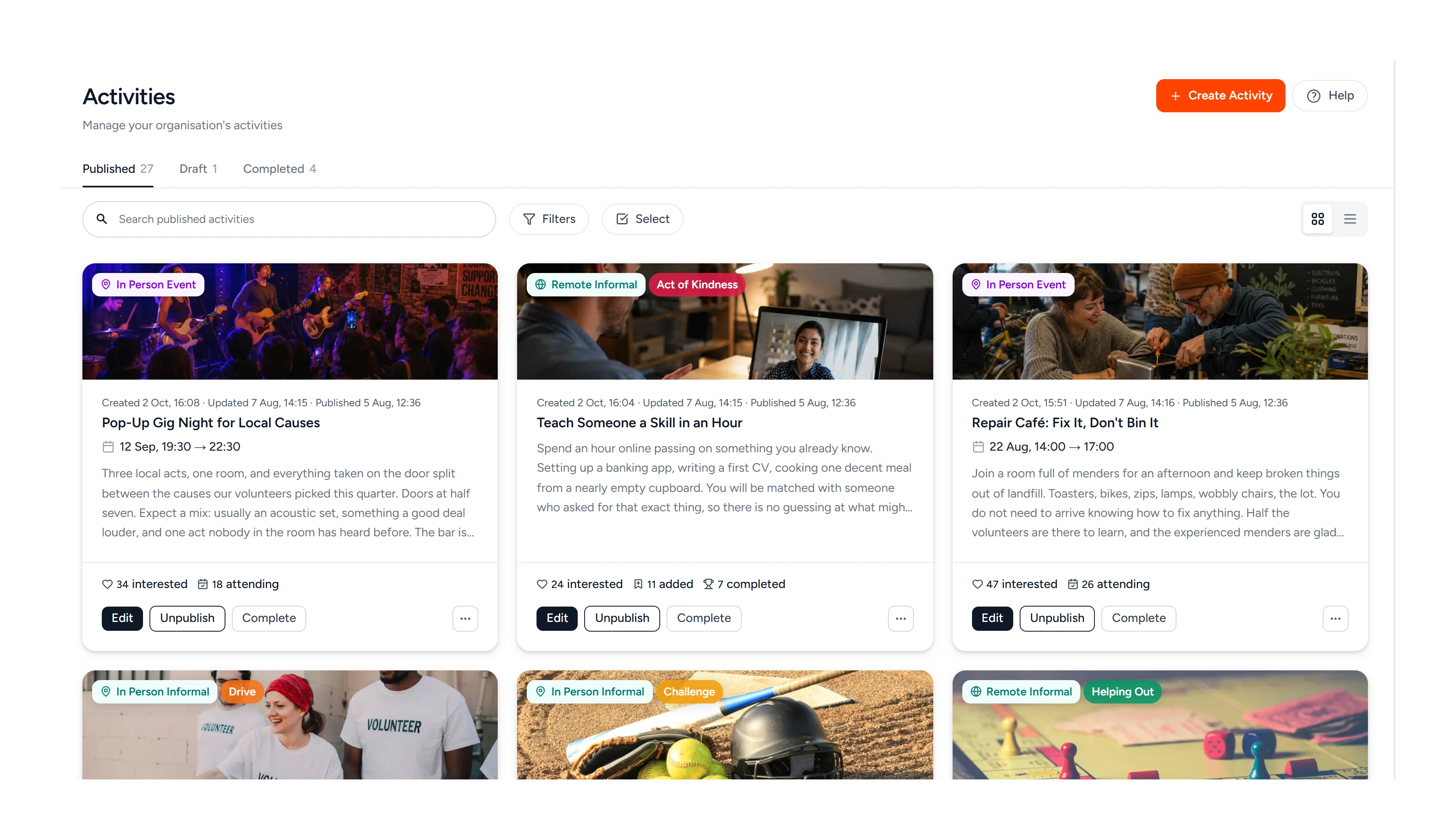 The activities page in Impactful Connect: twenty-seven published, one draft, four completed, and three of the published activities showing their type, dates, description, how many people are interested and attending, and controls to edit, unpublish or complete them.