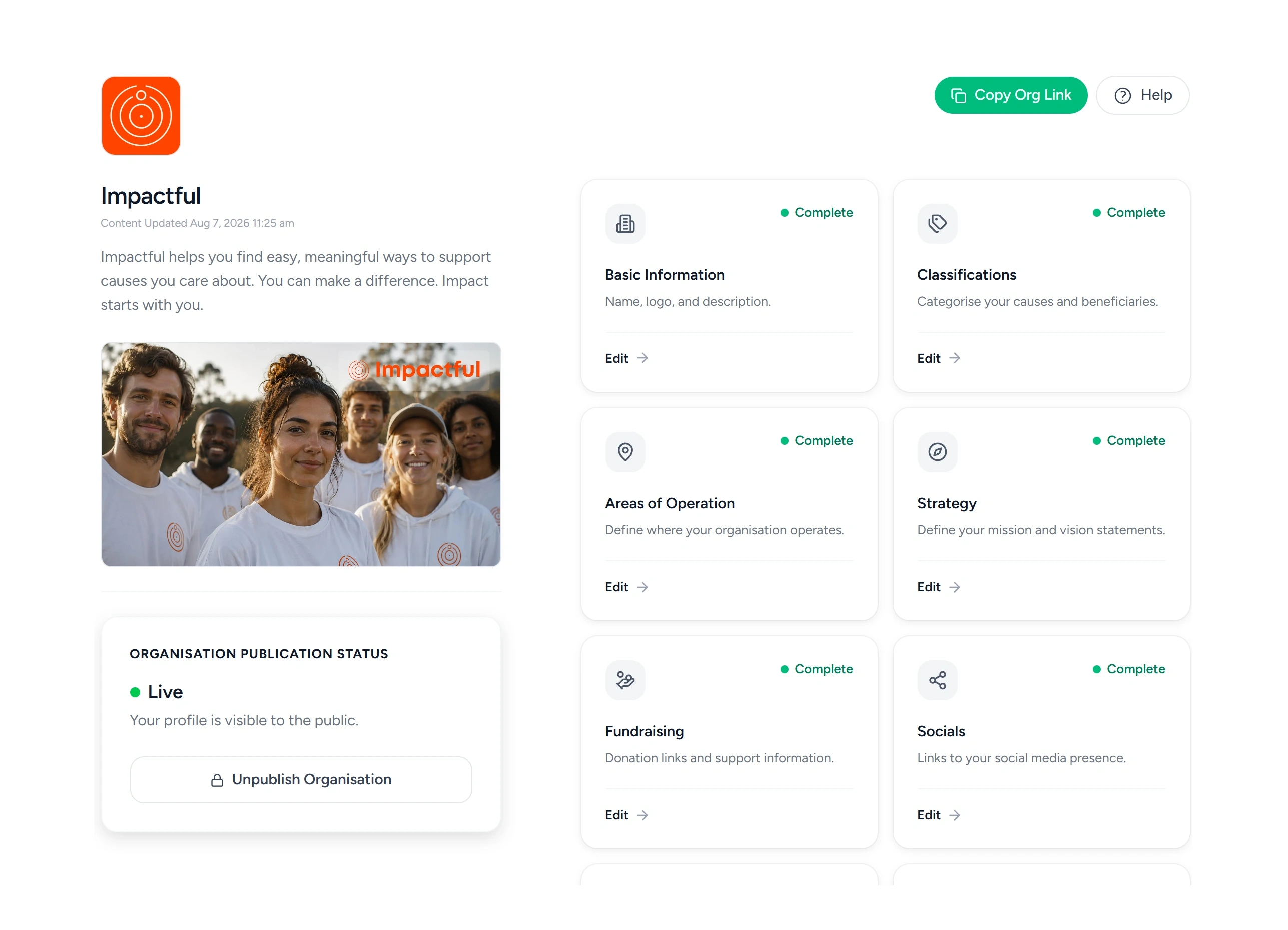 The organisation profile in Impactful Connect, published live and visible to the public, with basic information, classifications, areas of operation, strategy, fundraising and socials each marked complete.