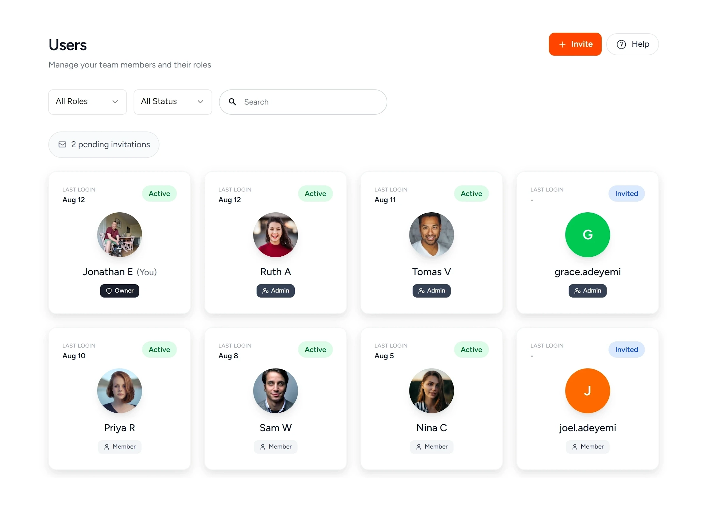 The users page in Impactful Connect, with two pending invitations and eight cards: six people with their photo, their role as owner, admin or member and when they last signed in, and two invitations that have been sent but not yet accepted.
