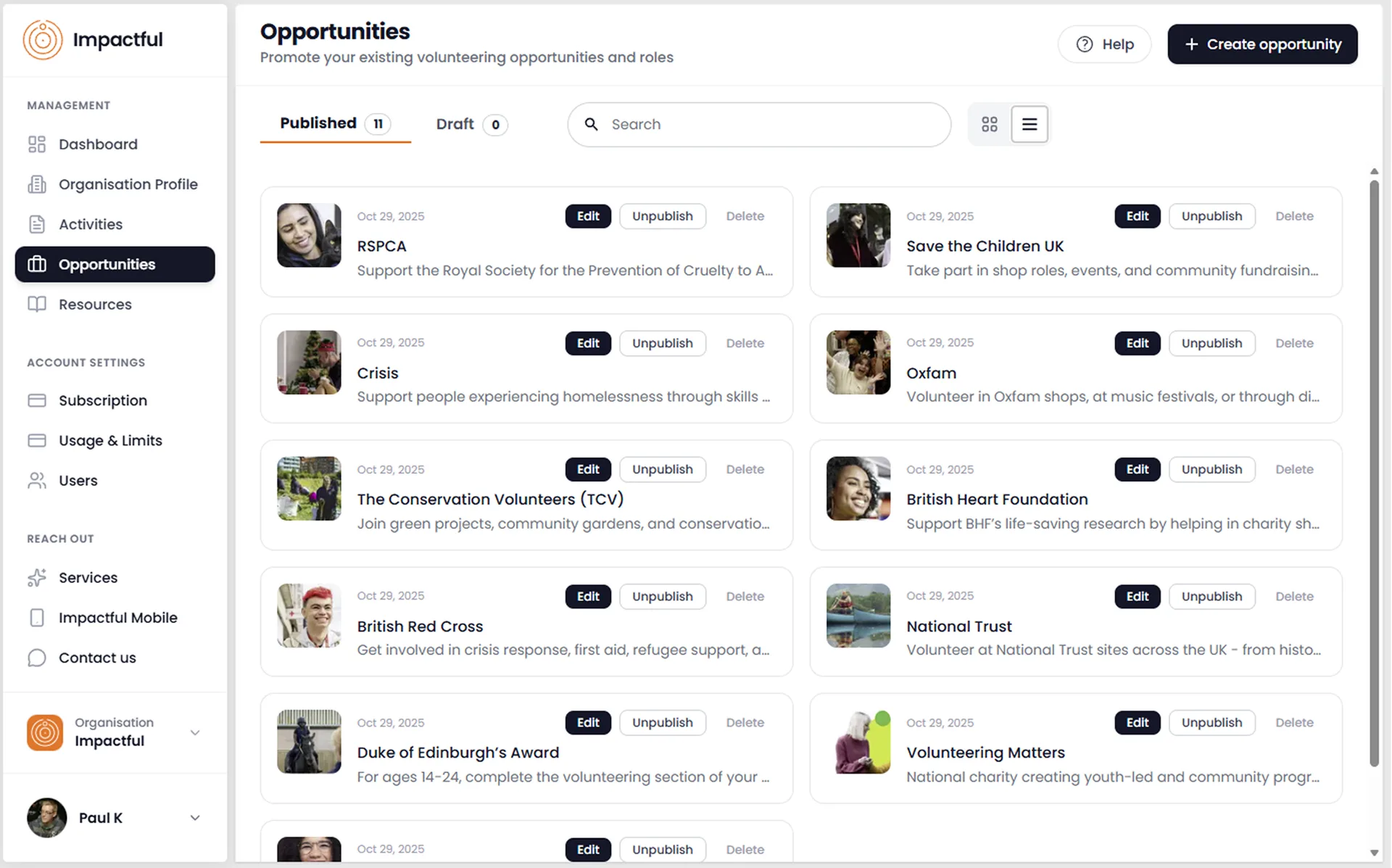 Impactful Connect opportunities management screen showing published volunteer positions with application tracking and edit controls