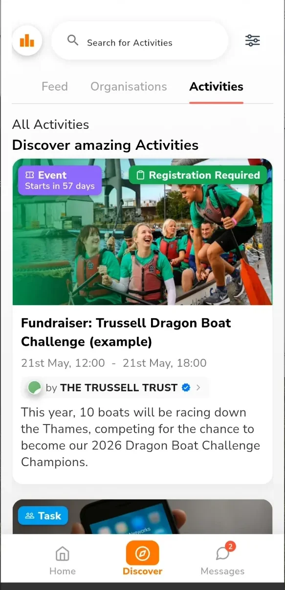 Impactful app Discover screen showing Activities tab with volunteering opportunities and event details