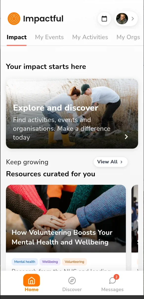 Impactful app home screen showing upcoming events, active pledges, and followed organisations