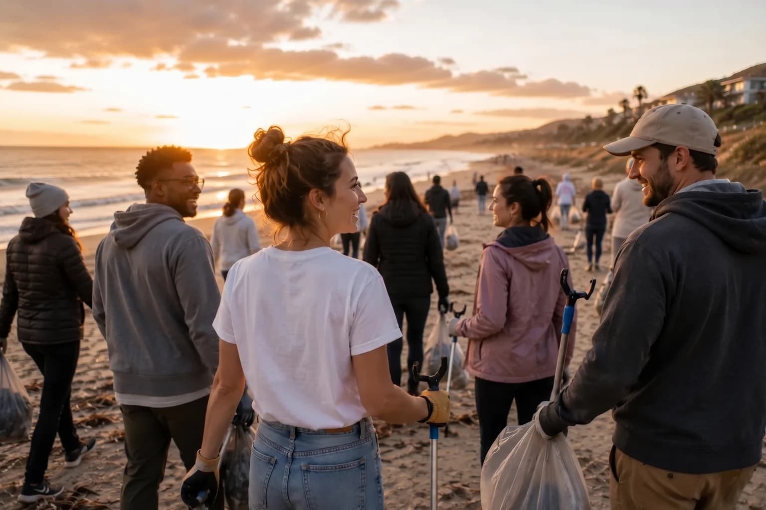 Volunteers on a beach clean at sunset, walking along the sand together with litter pickers and bin bags, two of them turning to talk to each other.