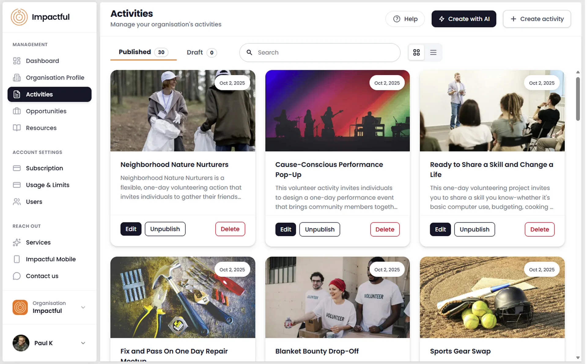 Impactful Connect web portal dashboard displaying published volunteering activities, engagement metrics, volunteer applications, and real-time analytics for charity organizations